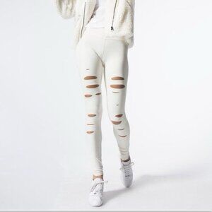 ALO Yoga Ripped Warrior Leggings White XS Cut Out Distressed High Waist Edgy